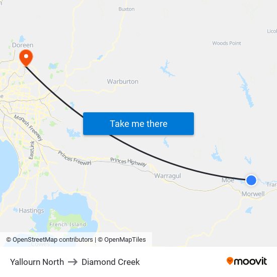 Yallourn North to Diamond Creek map