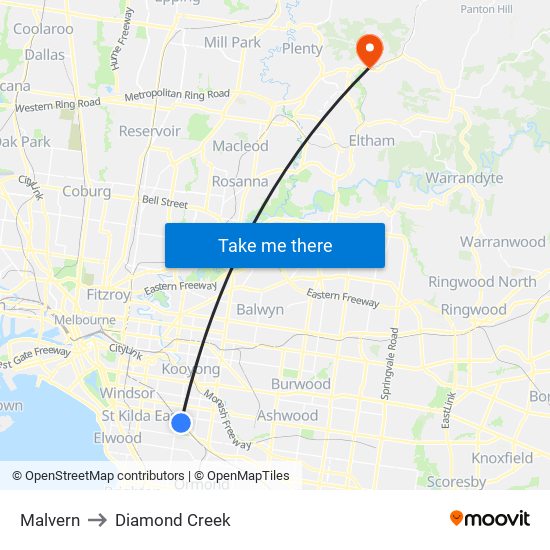 Malvern to Diamond Creek map