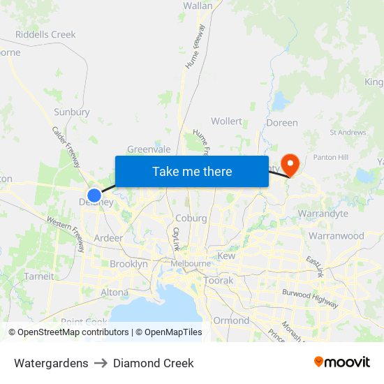 Watergardens to Diamond Creek map