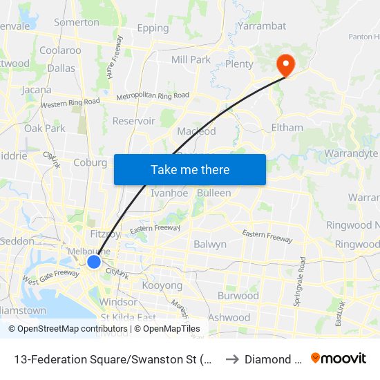 13-Federation Square/Swanston St (Melbourne City) to Diamond Creek map