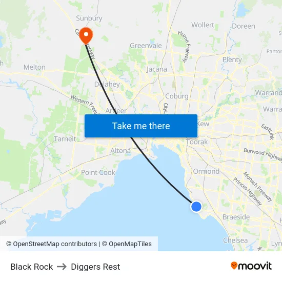 Black Rock to Diggers Rest map