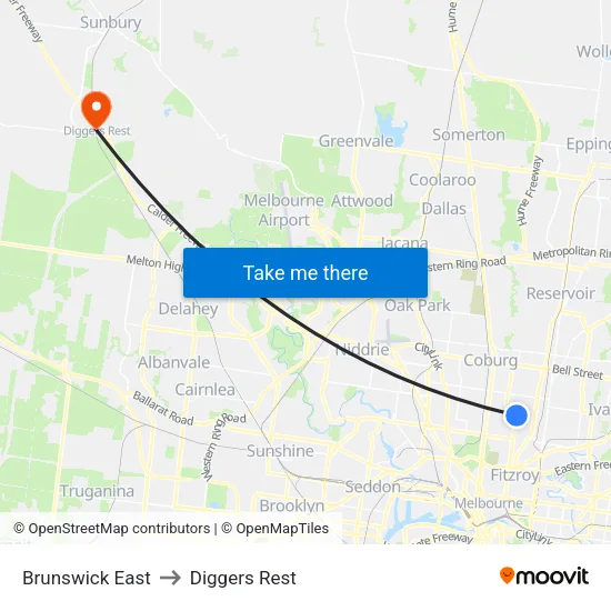 Brunswick East to Diggers Rest map