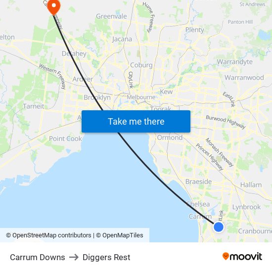 Carrum Downs to Diggers Rest map