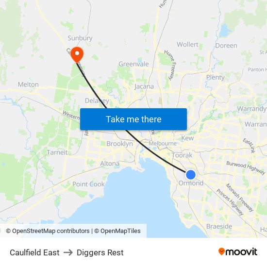 Caulfield East to Diggers Rest map