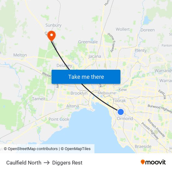 Caulfield North to Diggers Rest map