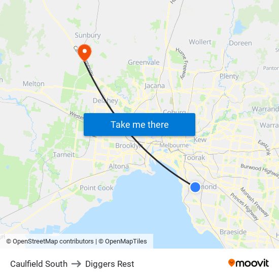 Caulfield South to Diggers Rest map