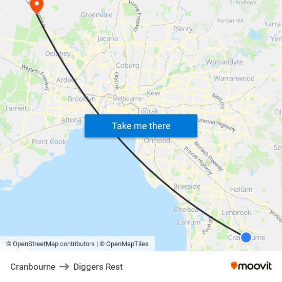 Cranbourne to Diggers Rest map