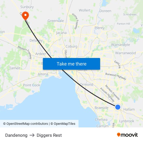 Dandenong to Diggers Rest map