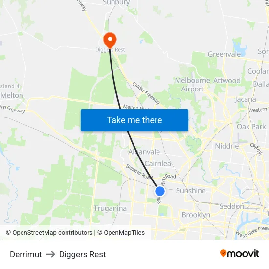 Derrimut to Diggers Rest map