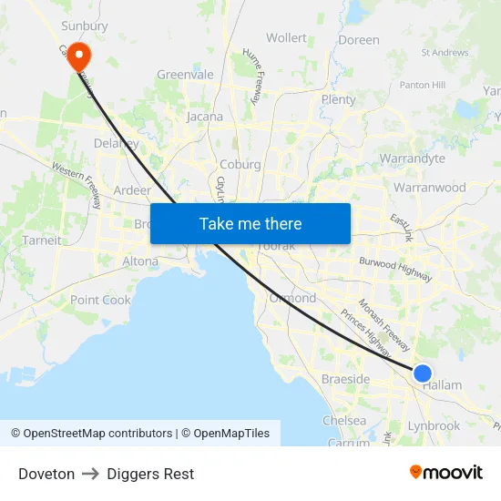 Doveton to Diggers Rest map