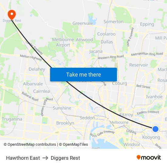 Hawthorn East to Diggers Rest map