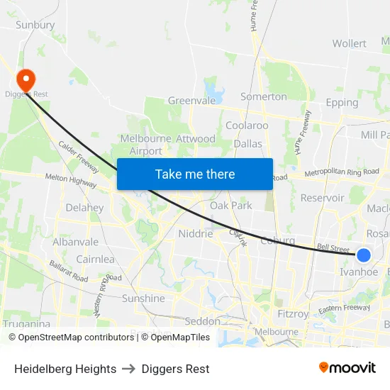 Heidelberg Heights to Diggers Rest map