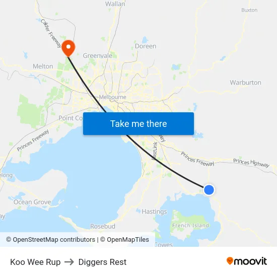 Koo Wee Rup to Diggers Rest map