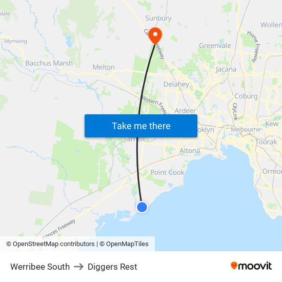 Werribee South to Diggers Rest map