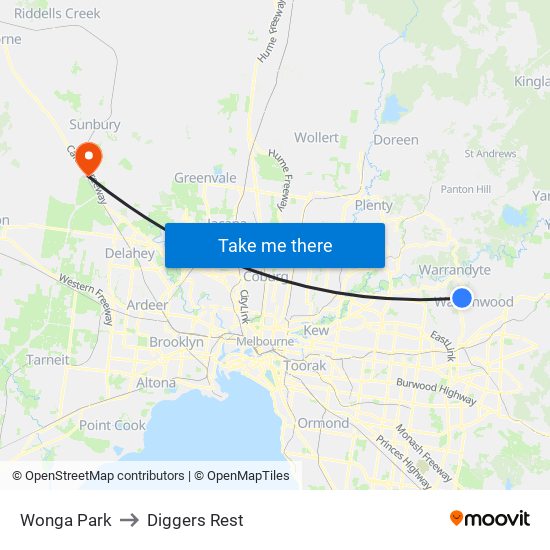 Wonga Park to Diggers Rest map