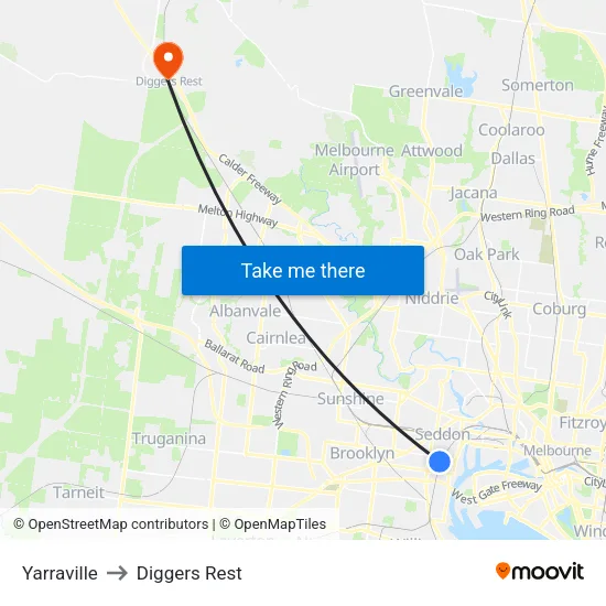 Yarraville to Diggers Rest map