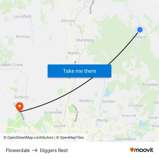 Flowerdale to Diggers Rest map