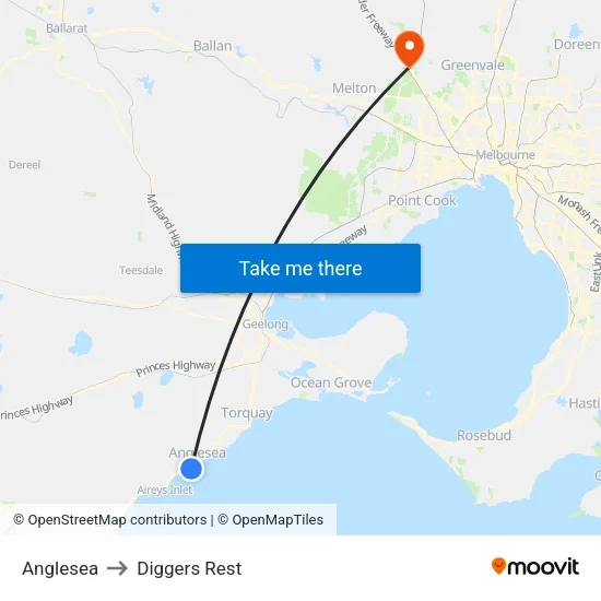 Anglesea to Diggers Rest map