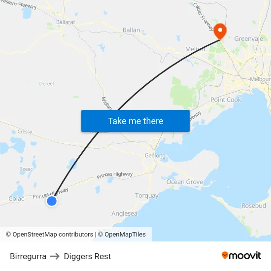 Birregurra to Diggers Rest map