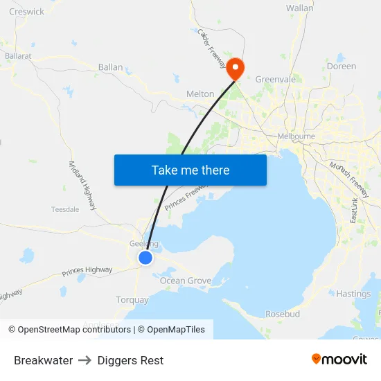 Breakwater to Diggers Rest map