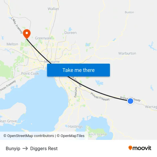 Bunyip to Diggers Rest map