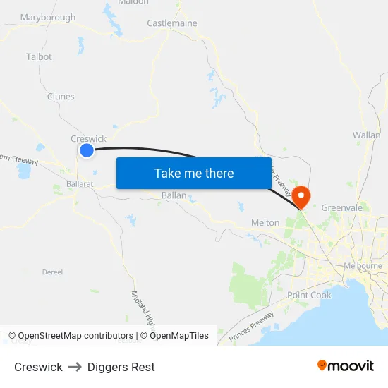 Creswick to Diggers Rest map