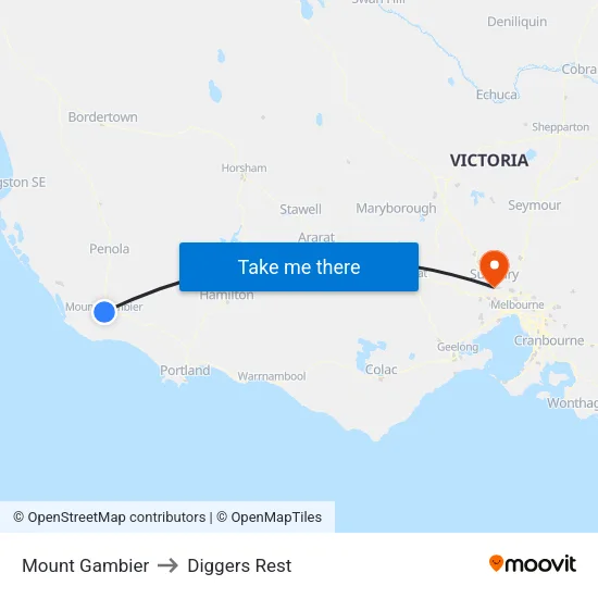 Mount Gambier to Diggers Rest map