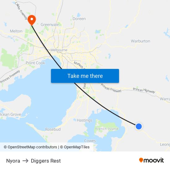Nyora to Diggers Rest map