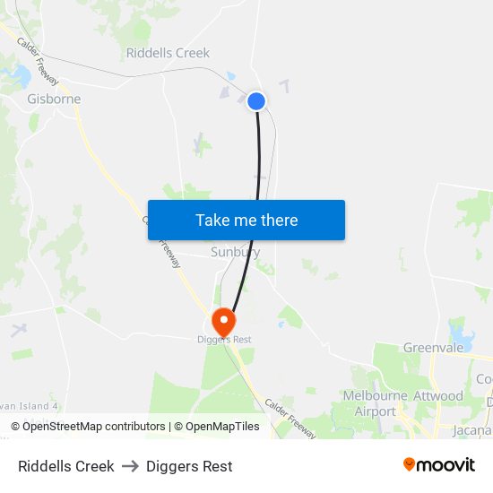 Riddells Creek to Diggers Rest map