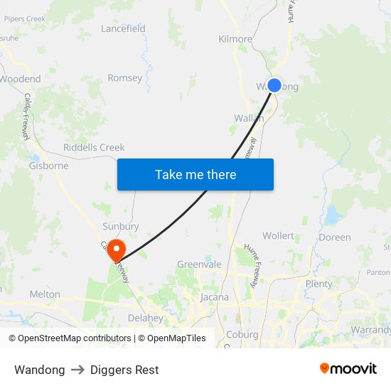 Wandong to Diggers Rest map