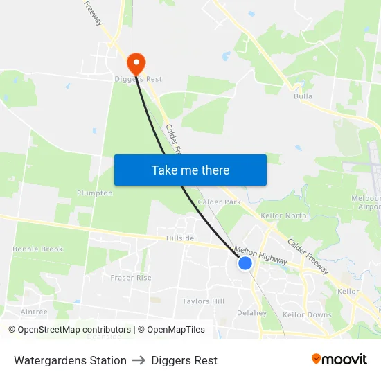 Watergardens Station to Diggers Rest map