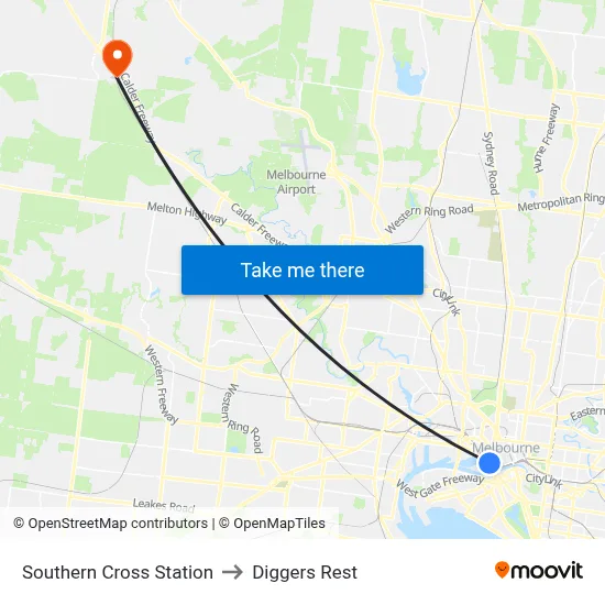 Southern Cross Station to Diggers Rest map