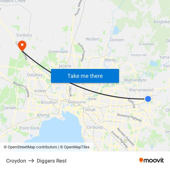 Croydon to Diggers Rest map