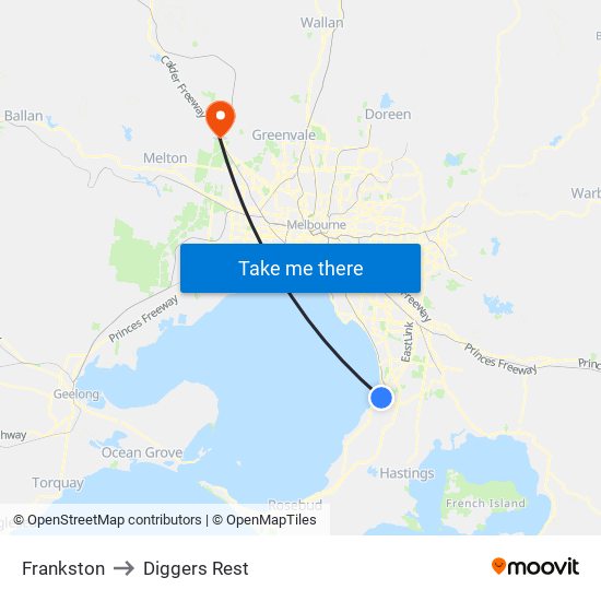 Frankston to Diggers Rest map