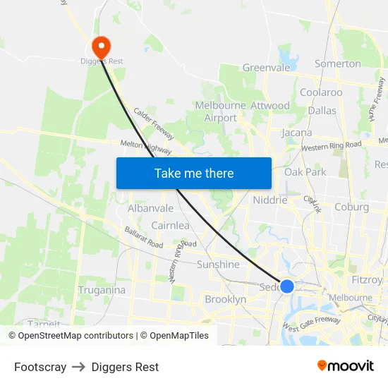 Footscray to Diggers Rest map