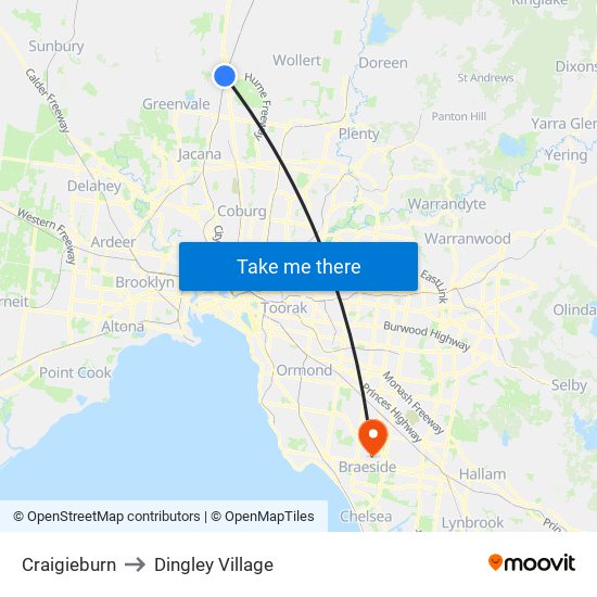 Craigieburn to Dingley Village map