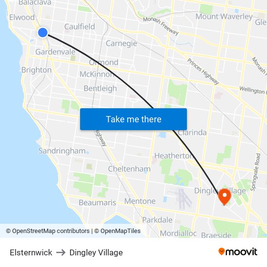 Elsternwick to Dingley Village map