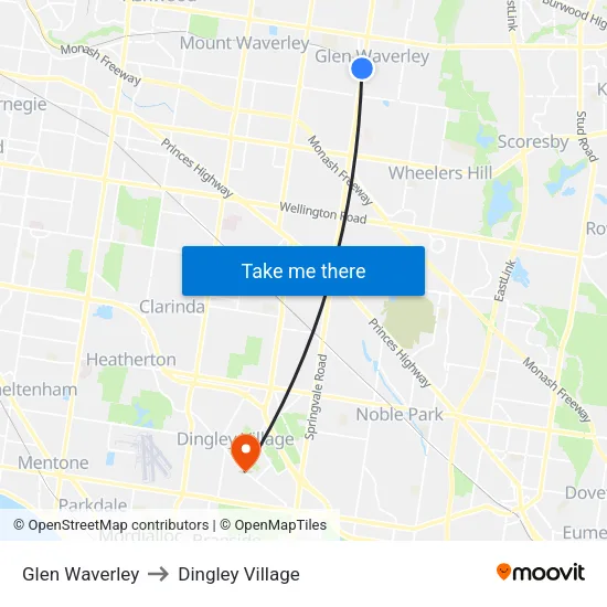 Glen Waverley to Dingley Village map