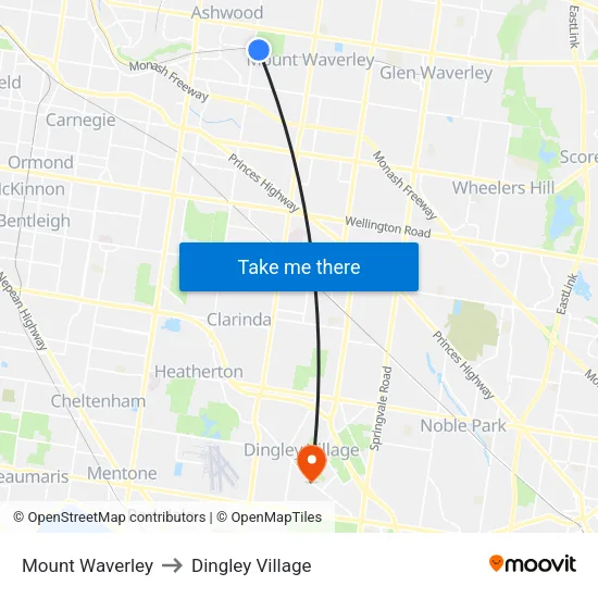 Mount Waverley to Dingley Village map