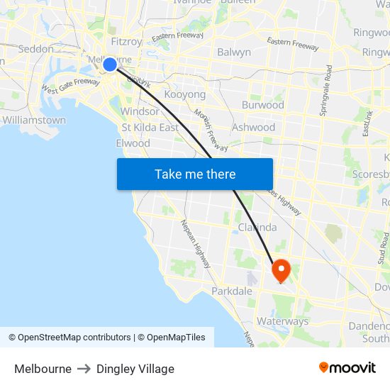 Melbourne to Dingley Village map