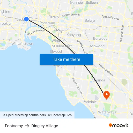 Footscray to Dingley Village map