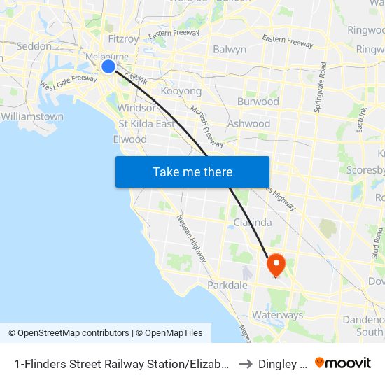 1-Flinders Street Railway Station/Elizabeth St (Melbourne City) to Dingley Village map