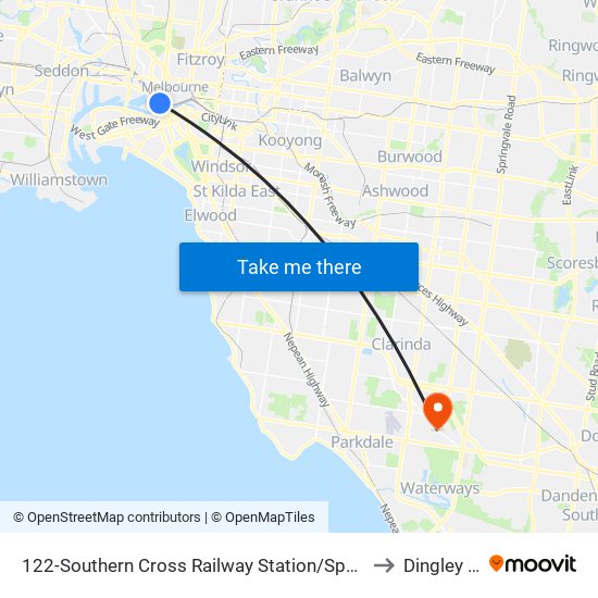 122-Southern Cross Railway Station/Spencer St (Melbourne City) to Dingley Village map