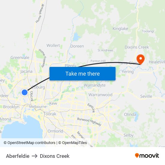 Aberfeldie to Dixons Creek map