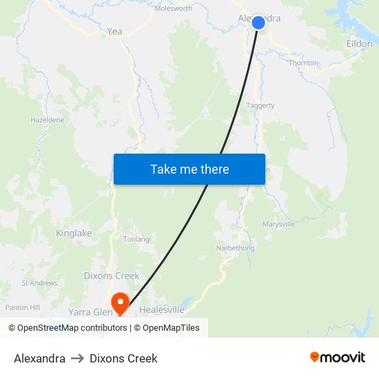 Alexandra to Dixons Creek map