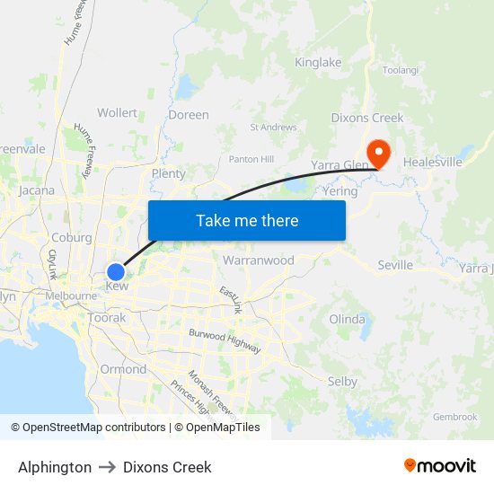 Alphington to Dixons Creek map