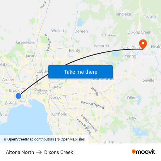 Altona North to Dixons Creek map