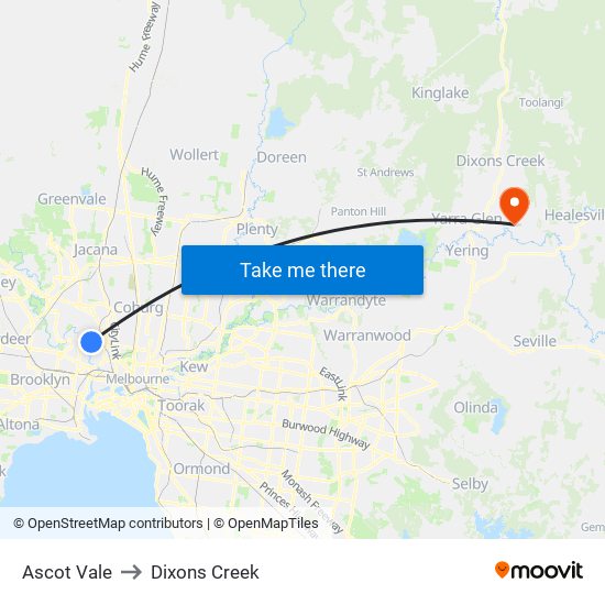 Ascot Vale to Dixons Creek map