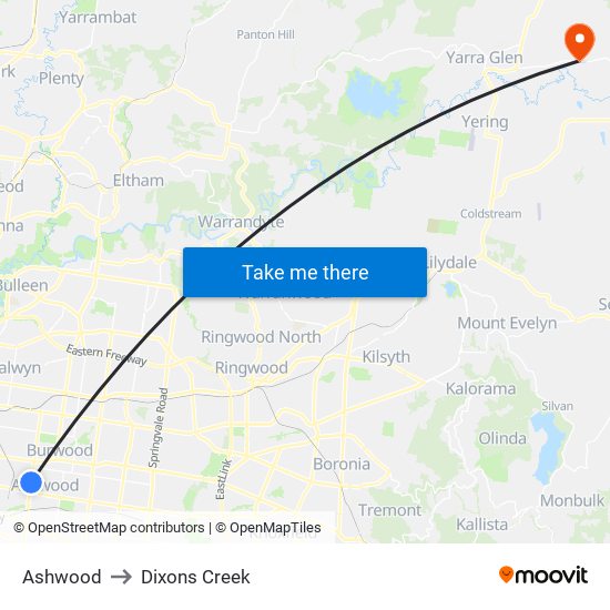 Ashwood to Dixons Creek map