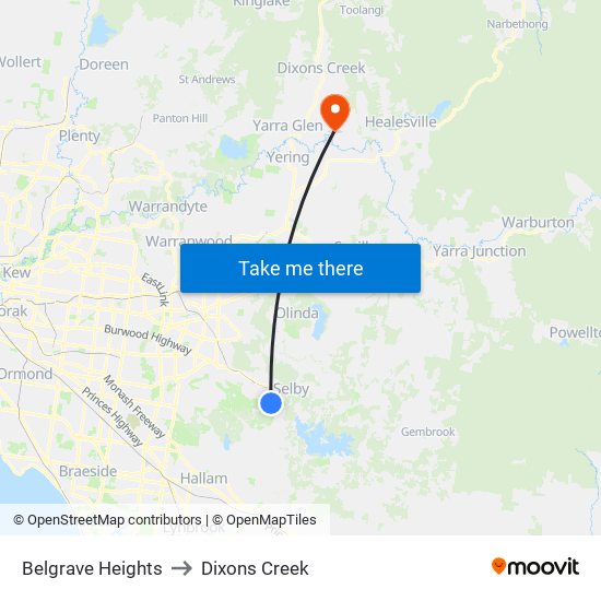 Belgrave Heights to Dixons Creek map